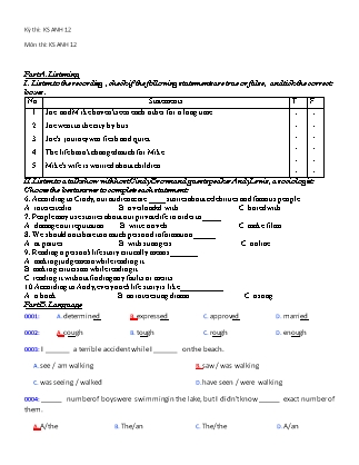 Đề kiểm tra giữa học kì I môn Tiếng Anh Lớp 12 - Năm học 2020-2021 - Trường THPT Nguyễn Thị Giang - Đề gốc