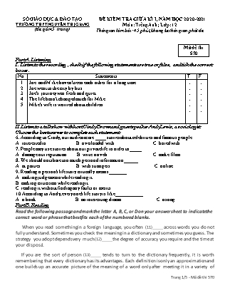 Đề kiểm tra giữa học kì I môn Tiếng Anh Lớp 12 - Năm học 2020-2021 - Trường THPT Nguyễn Thị Giang - Mã đề 570