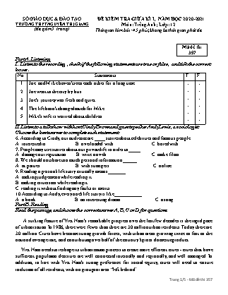 Đề kiểm tra giữa học kì I môn Tiếng Anh Lớp 12 - Năm học 2020-2021 - Trường THPT Nguyễn Thị Giang - Mã đề 357