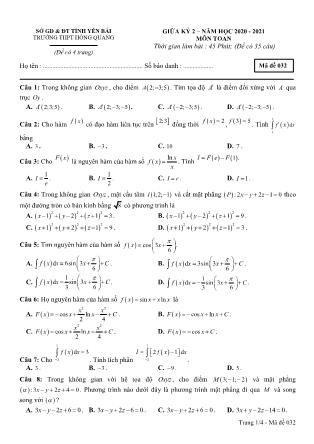 Đề kiểm tra giữa học kì II môn Toán Lớp 12 - Năm học 2020-2021 - Trường THPT Hồng Quang - Mã đề 032