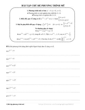 Đề ôn tập môn Toán Lớp 12 - Bài tập chủ đề phương trình mũ