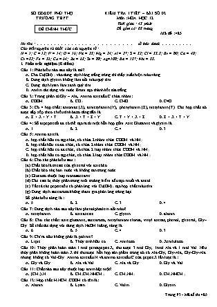 Đề kiểm tra 1 tiết bài số 2 môn Hóa học 12 - Mã đề 485 (Có đáp án)