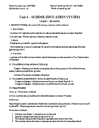 Giáo án môn Tiếng Anh Lớp 12 - Unit 4: School education system - Năm học 2021-2022