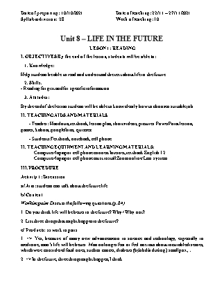 Giáo án Tiếng Anh Lớp 12 - Unit 8: Life in the future - Năm học 2021-2022