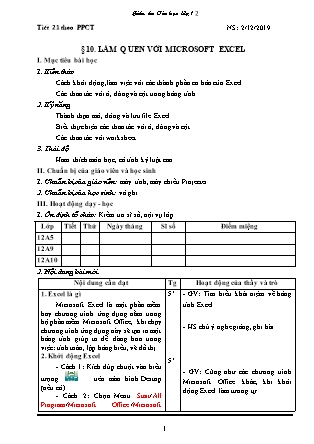 Giáo án Tin học Lớp 12 - Tiết 21, Bài 10: Làm quen với Microsoft Excel