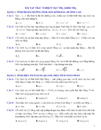 Bài tập trắc nghiệm Toán Lớp 12 - Mặt trụ, khối trụ (Có hướng dẫn giải)